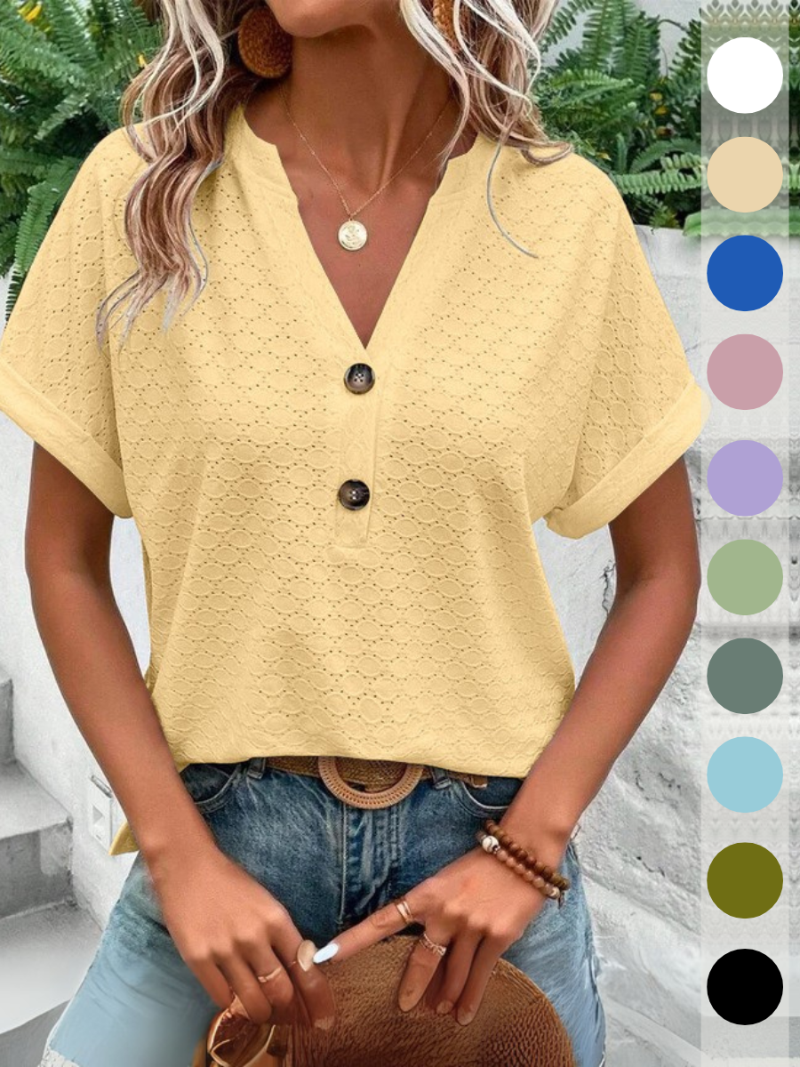 Damen Unifarben Kurzarm T-Shirts T-Shirt V-Ausschnitt Ausgehöhlt Lässig Sommer Oberteile