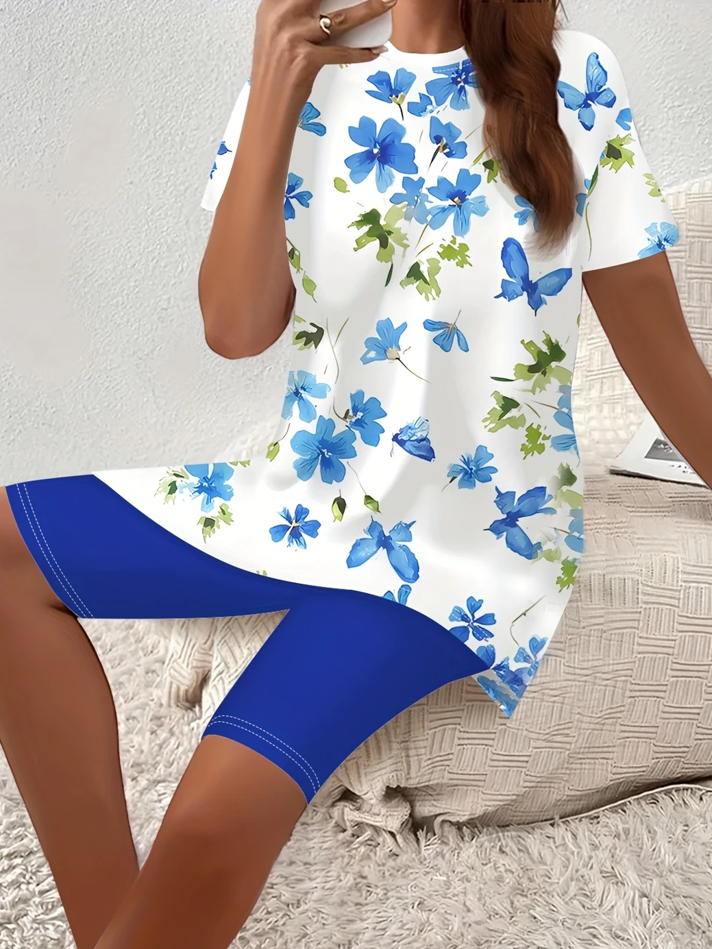 Damen Geblümt Print Zweiteiliges Set Täglich Kurzarm Lässig Sommer Bluse mit Hose Matching Set