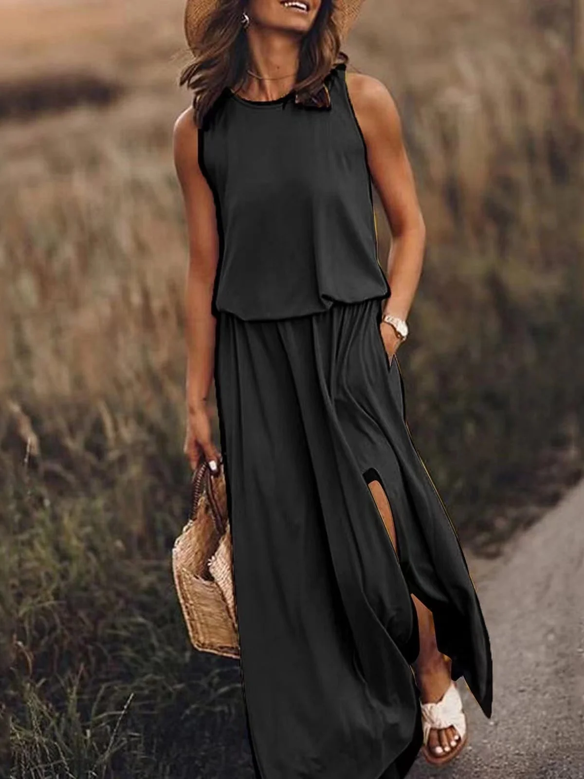 Damen Unifarben Ärmellos Sommer Nahtverarbeitung Kleid Rundhals Täglich Retro Maxikleid Tanktop A-Linien-Kleid
