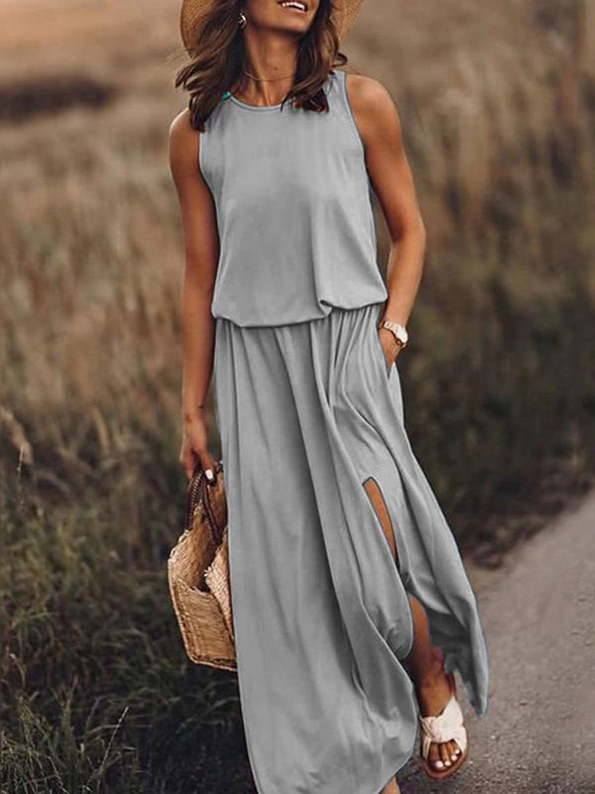 Damen Unifarben Ärmellos Sommer Nahtverarbeitung Kleid Rundhals Täglich Retro Maxikleid Tanktop A-Linien-Kleid