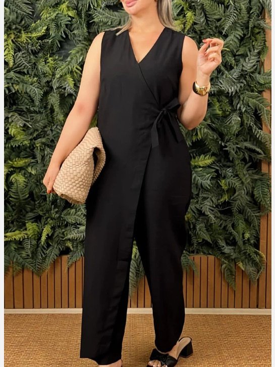 Damen Unifarben V-Ausschnitt Halbarm Lässig Sommer Baumwolle Jumpsuit
