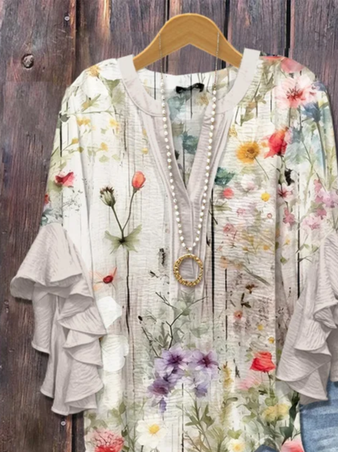 Damen Geblümt Halbarm Bluse Sommer Print V-Ausschnitt Täglich Lässig Oberteile