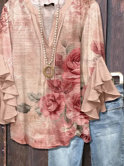 Damen Geblümt Halbarm Bluse Sommer Print V-Ausschnitt Täglich Lässig Oberteile
