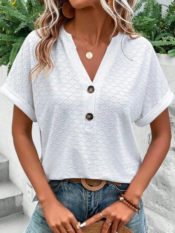 Damen Unifarben Kurzarm T-Shirts T-Shirt V-Ausschnitt Ausgehöhlt Lässig Sommer Oberteile
