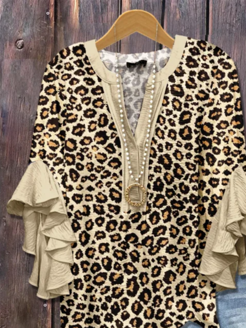 Damen Leopard Halbarm Bluse Sommer Print V-Ausschnitt Täglich Lässig Oberteile