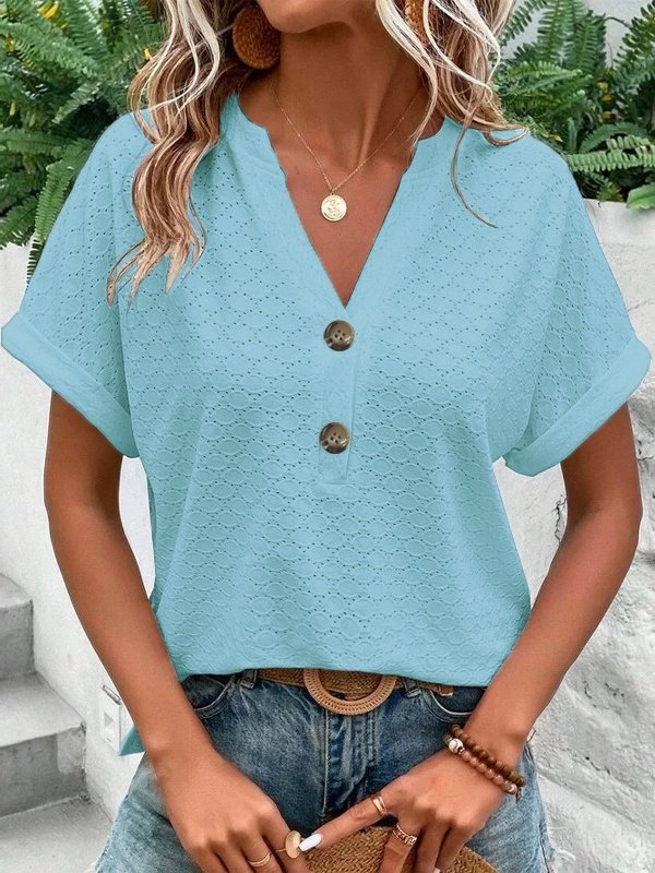 Damen Unifarben Kurzarm T-Shirts T-Shirt V-Ausschnitt Ausgehöhlt Lässig Sommer Oberteile