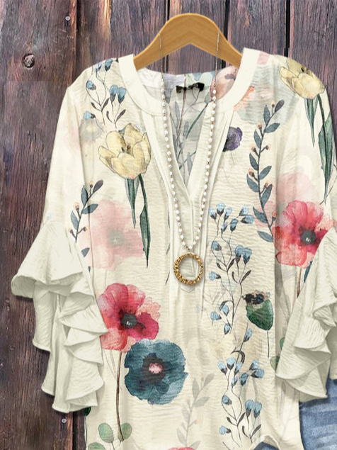 Damen Geblümt Halbarm Bluse Sommer Print V-Ausschnitt Täglich Lässig Oberteile