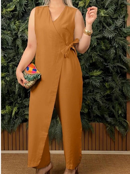 Damen Unifarben V-Ausschnitt Halbarm Lässig Sommer Baumwolle Jumpsuit