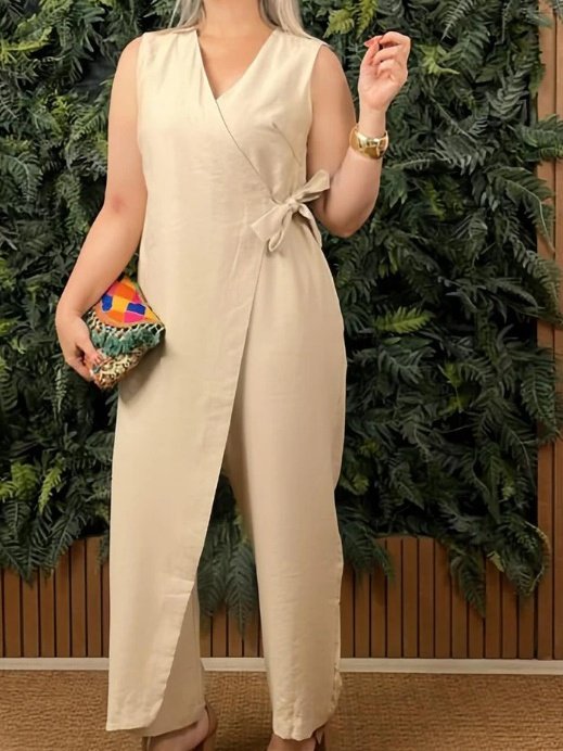 Damen Unifarben V-Ausschnitt Halbarm Lässig Sommer Baumwolle Jumpsuit