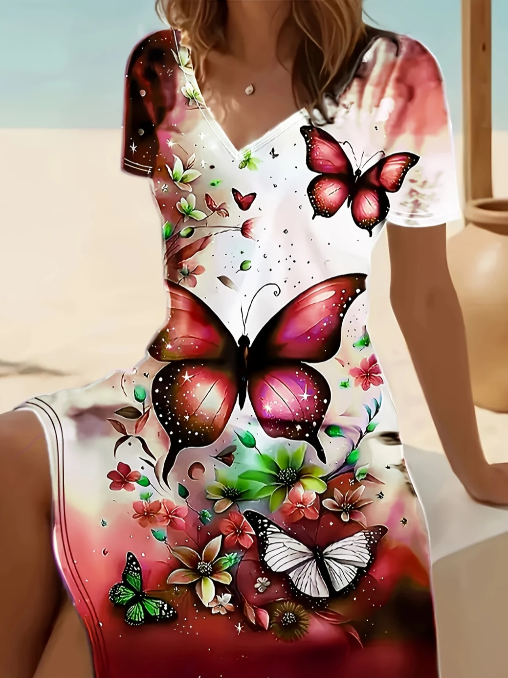 Damen Geblümt Kurzarm Sommer Print Kleid V-Ausschnitt Täglich Lässig Midi Passen & Flare Kleid A-Linien-Kleid