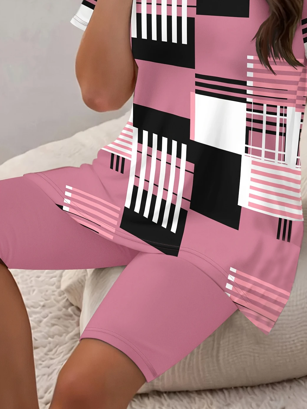 Damen abstrakte Streifen Print Zweiteiliges Set Täglich Kurzarm Lässig Sommer Bluse mit Hose Matching Set