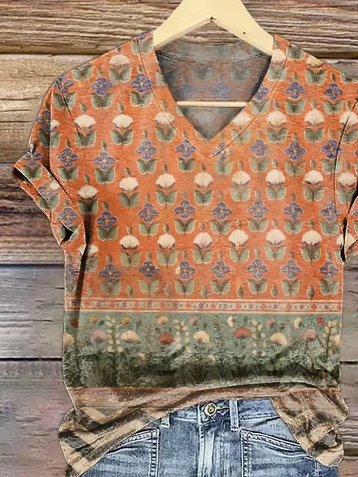 Damen Geblümt Kurzarm T-Shirts T-Shirt V-Ausschnitt Print Lässig Sommer T-Shirt mit Grafik Oberteile
