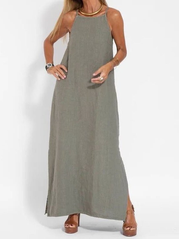 Damen Unifarben Ärmellos Sommer Nahtverarbeitung Kleid Rundhals Täglich Retro Maxikleid Tanktop A-Linien-Kleid