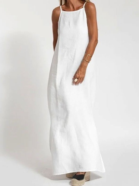 Damen Unifarben Ärmellos Sommer Nahtverarbeitung Kleid Rundhals Täglich Retro Maxikleid Tanktop A-Linien-Kleid