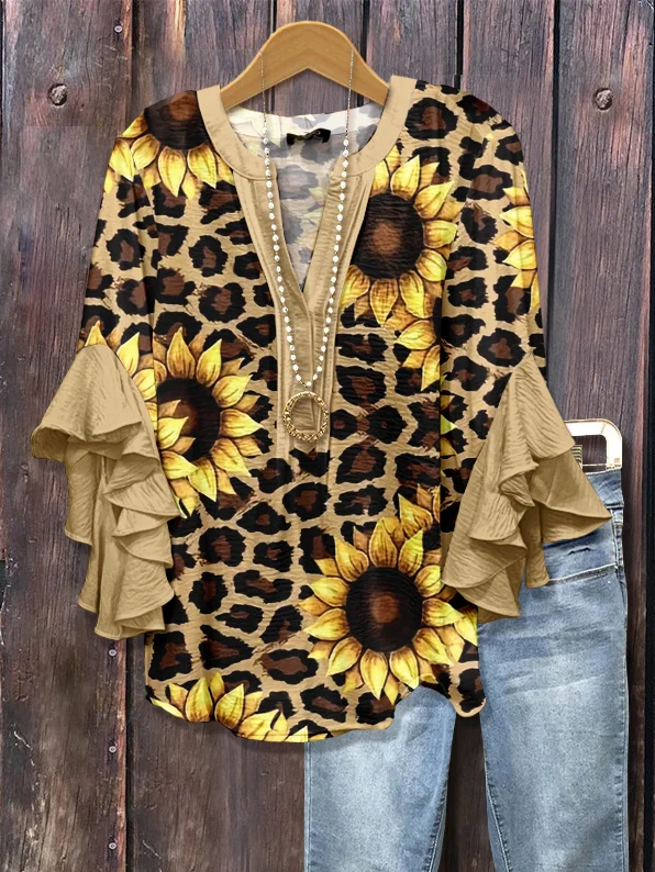 Damen Leopard Halbarm Bluse Sommer Print V-Ausschnitt Täglich Lässig Oberteile