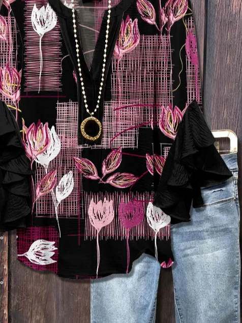 Damen Geblümt Halbarm Bluse Sommer Print V-Ausschnitt Täglich Lässig Oberteile