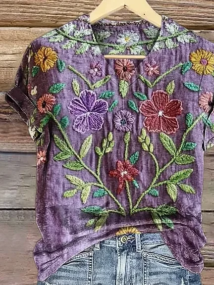 Damen Geblümt Kurzarm T-Shirts T-Shirt V-Ausschnitt Print Lässig Sommer T-Shirt mit Grafik Oberteile