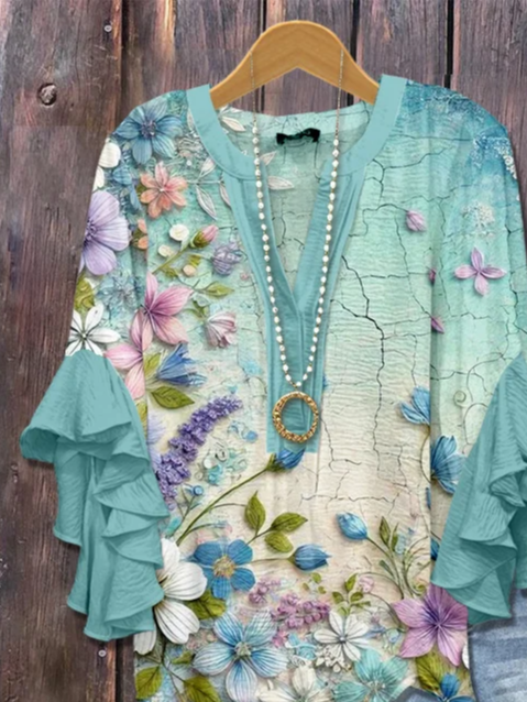 Damen Geblümt Halbarm Bluse Sommer Print V-Ausschnitt Täglich Lässig Oberteile