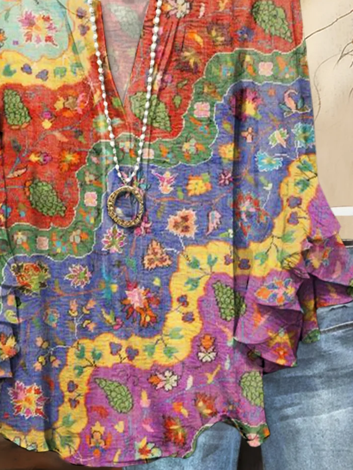 Damen Geblümt Halbarm Bluse Sommer Print V-Ausschnitt Täglich Lässig Oberteile
