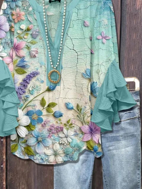 Damen Geblümt Halbarm Bluse Sommer Print V-Ausschnitt Täglich Lässig Oberteile