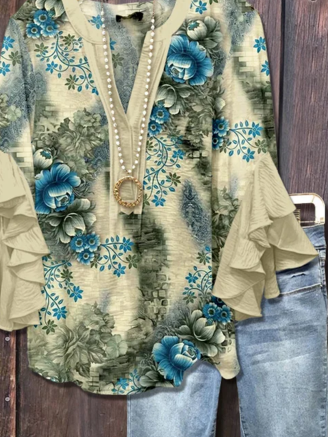 Damen Geblümt Halbarm Bluse Sommer Print V-Ausschnitt Täglich Lässig Oberteile