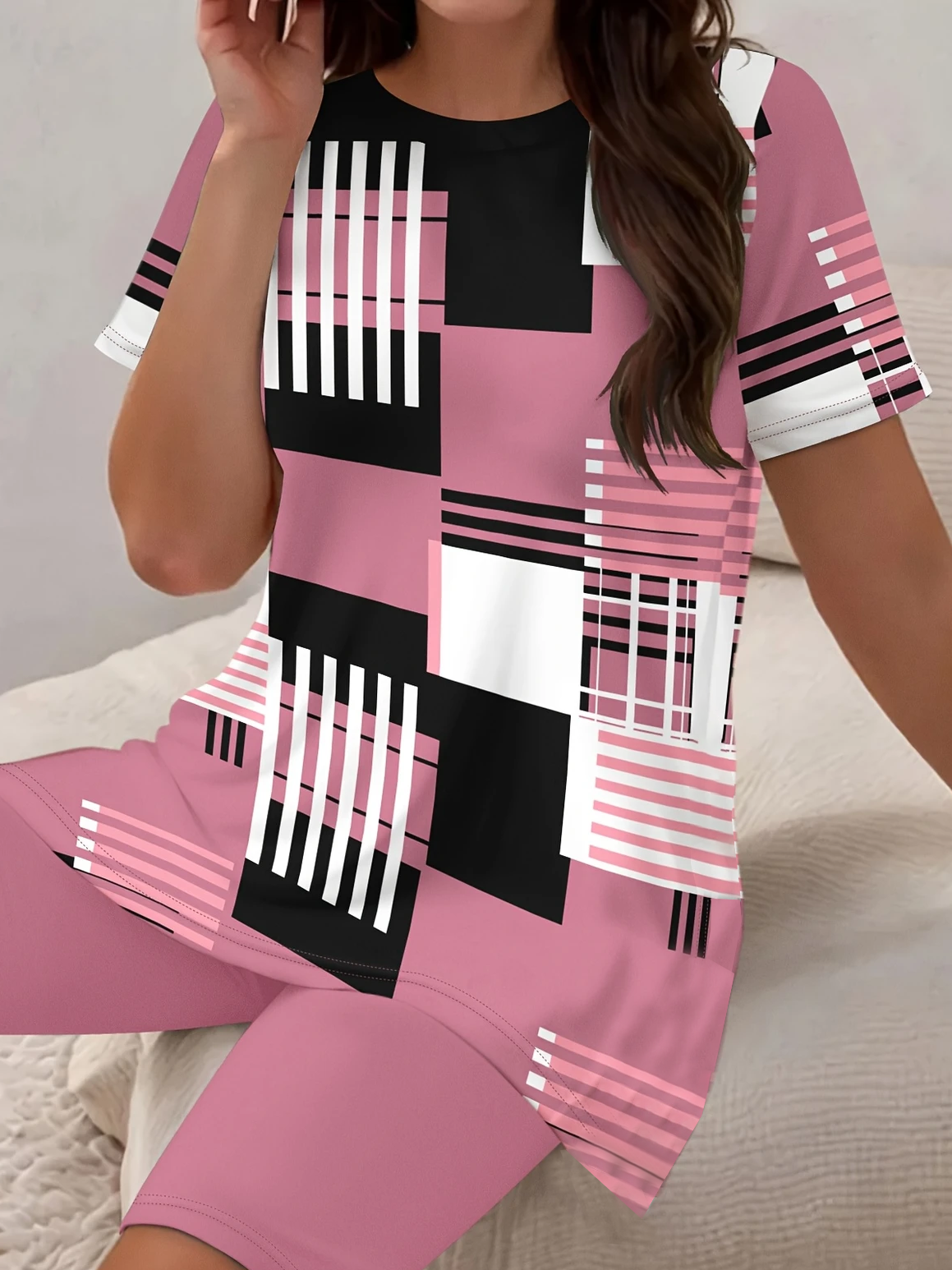 Damen abstrakte Streifen Print Zweiteiliges Set Täglich Kurzarm Lässig Sommer Bluse mit Hose Matching Set