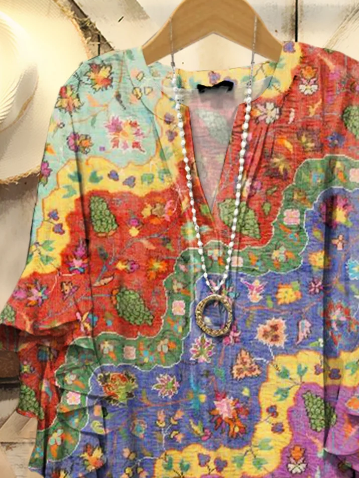 Damen Geblümt Halbarm Bluse Sommer Print V-Ausschnitt Täglich Lässig Oberteile