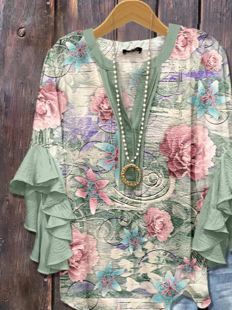 Damen Geblümt Halbarm Bluse Sommer Print V-Ausschnitt Täglich Lässig Oberteile
