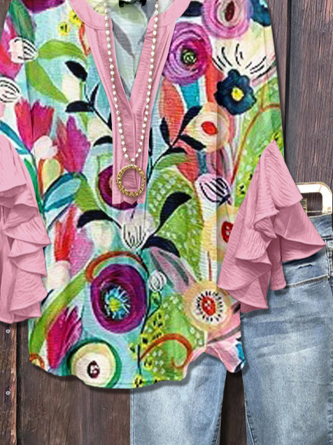Damen Geblümt Halbarm Bluse Sommer Print V-Ausschnitt Täglich Lässig Oberteile