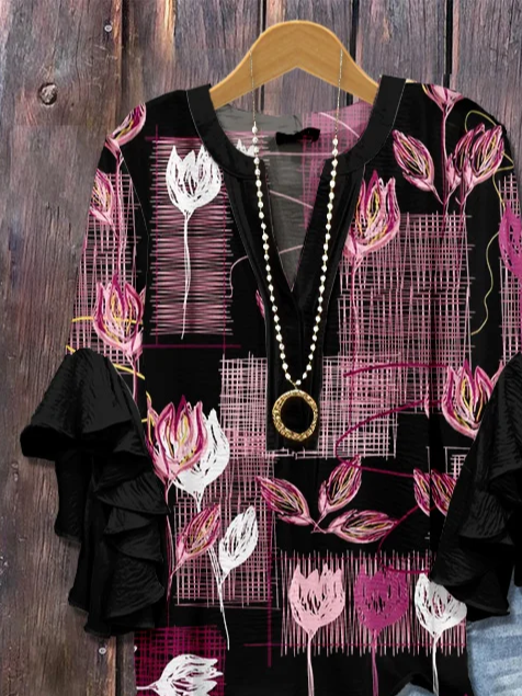 Damen Geblümt Halbarm Bluse Sommer Print V-Ausschnitt Täglich Lässig Oberteile