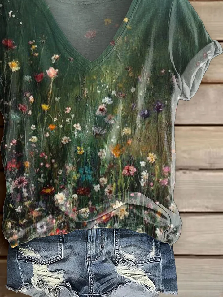 Damen Geblümt Kurzarm T-Shirts T-Shirt V-Ausschnitt Print Lässig Sommer T-Shirt mit Grafik Oberteile