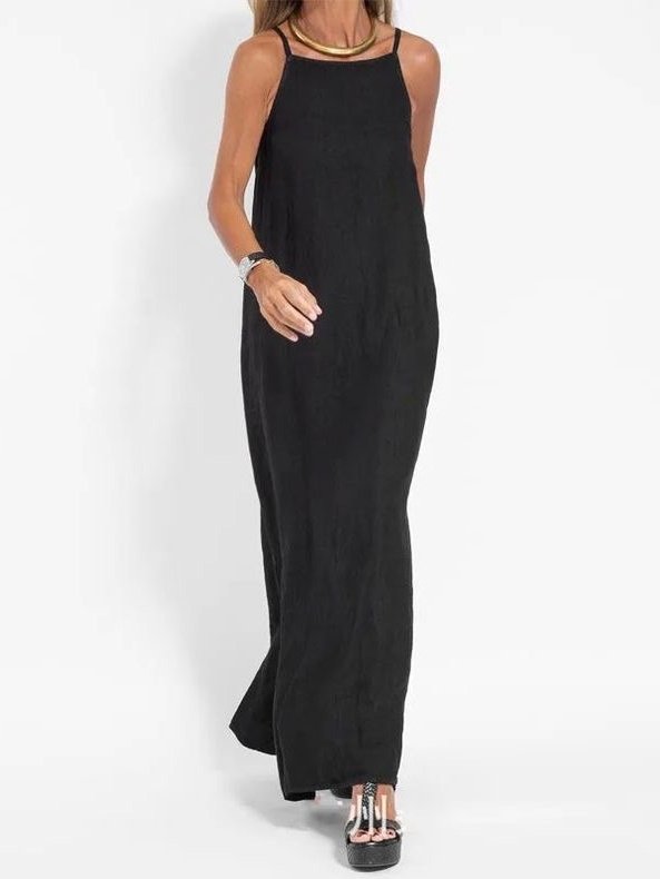 Damen Unifarben Ärmellos Sommer Nahtverarbeitung Kleid Rundhals Täglich Retro Maxikleid Tanktop A-Linien-Kleid
