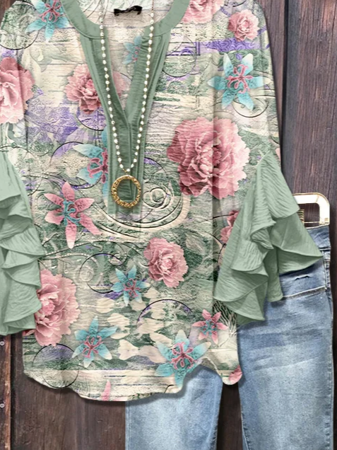 Damen Geblümt Halbarm Bluse Sommer Print V-Ausschnitt Täglich Lässig Oberteile