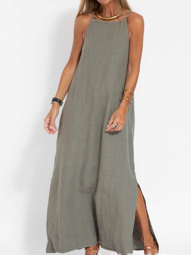 Damen Unifarben Ärmellos Sommer Nahtverarbeitung Kleid Rundhals Täglich Retro Maxikleid Tanktop A-Linien-Kleid