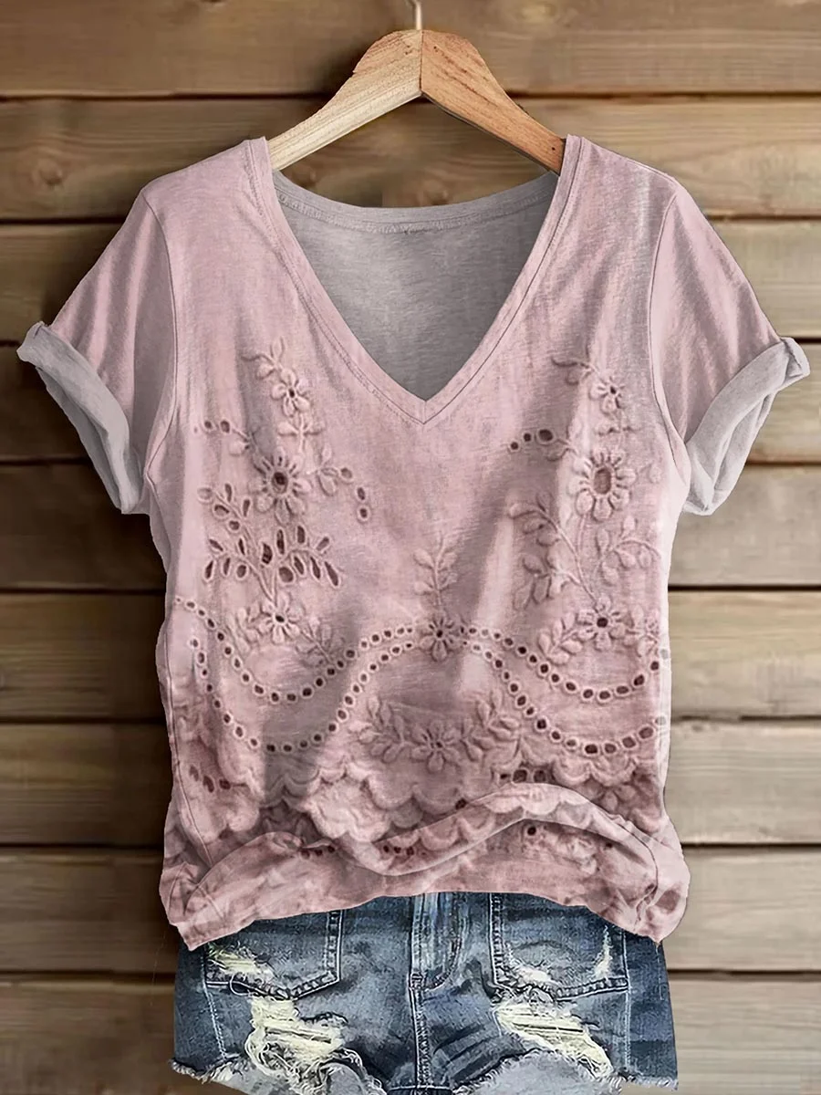 Damen Geblümt Kurzarm T-Shirts T-Shirt V-Ausschnitt Print Lässig Sommer T-Shirt mit Grafik Oberteile