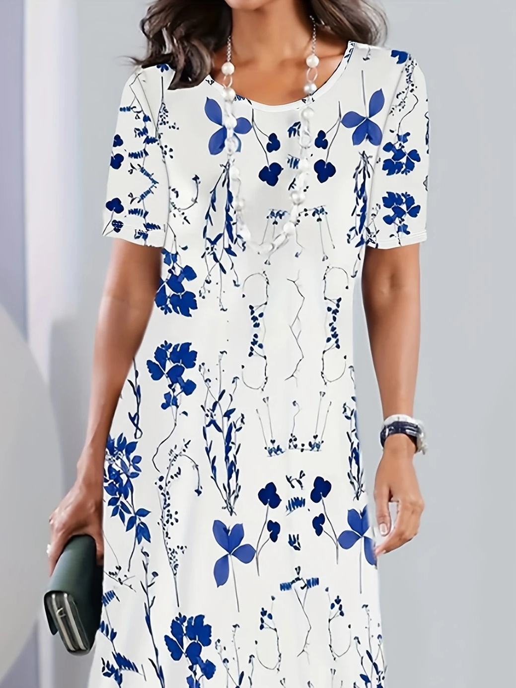 Damen Geblümt Kurzarm Sommer Print Kleid Rundhals Täglich Retro Midi Tunika H-Linie Kleid