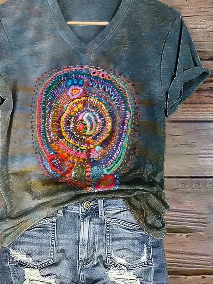 Damen Abstrakt Kurzarm T-Shirts T-Shirt V-Ausschnitt Print Lässig Sommer T-Shirt mit Grafik Oberteile