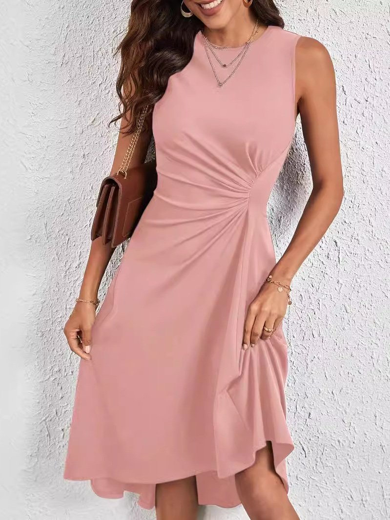 Damen Unifarben Ärmellos Sommer Nahtverarbeitung Kleid Rundhals Täglich Retro Midi Tanktop A-Linien-Kleid