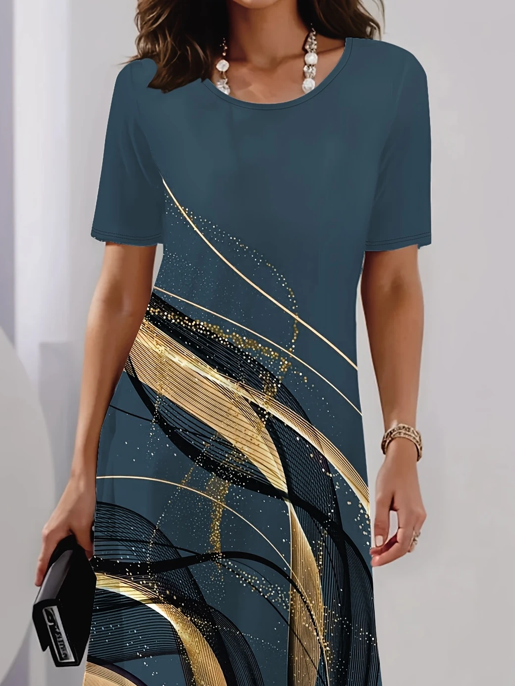 Damen Abstrakt Kurzarm Sommer Print Kleid Rundhals Täglich Retro Midi Tunika H-Linie Kleid