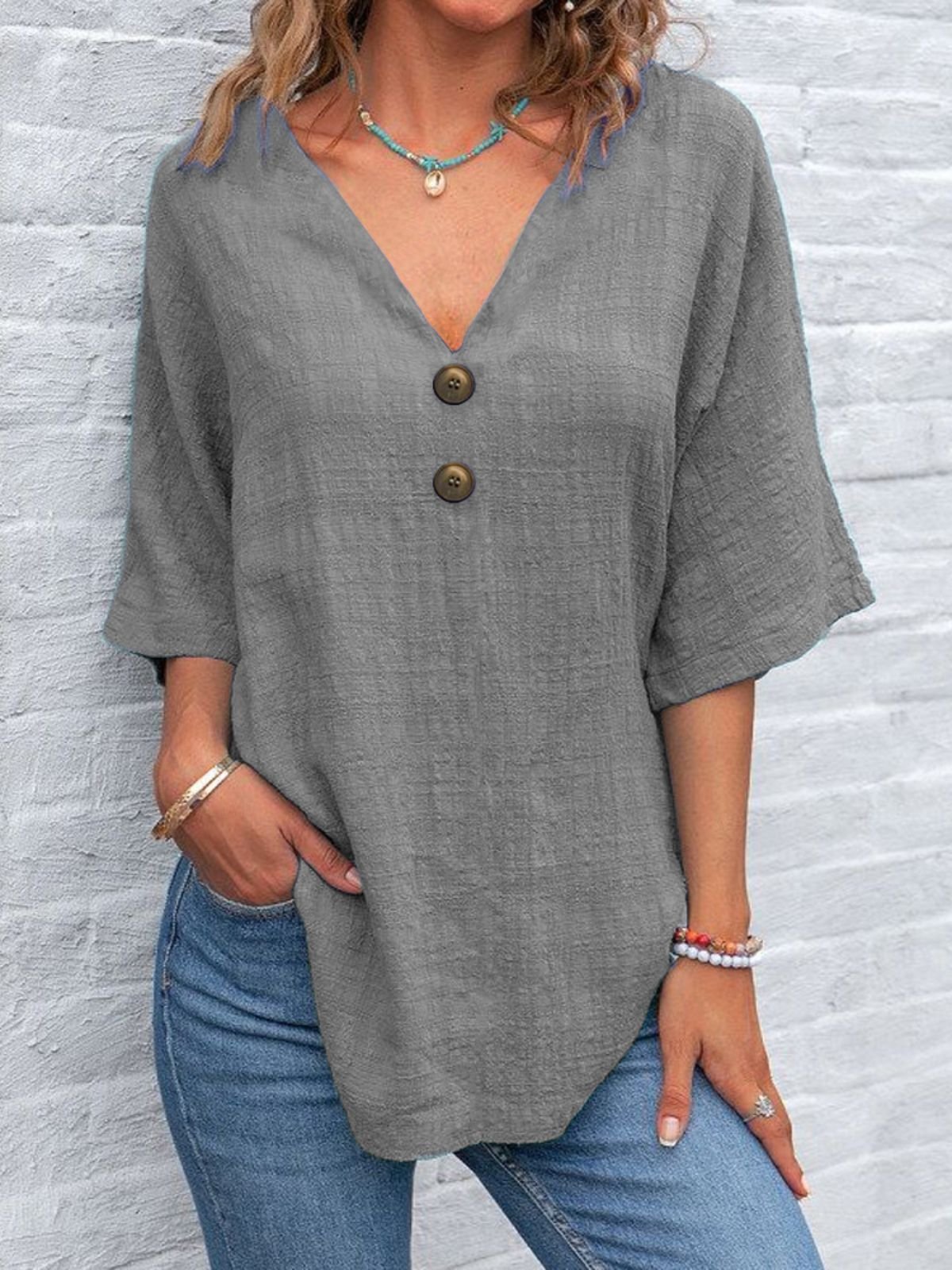 Damen Unifarben Halbarm Bluse Sommer V-Ausschnitt Täglich Retro Oberteile