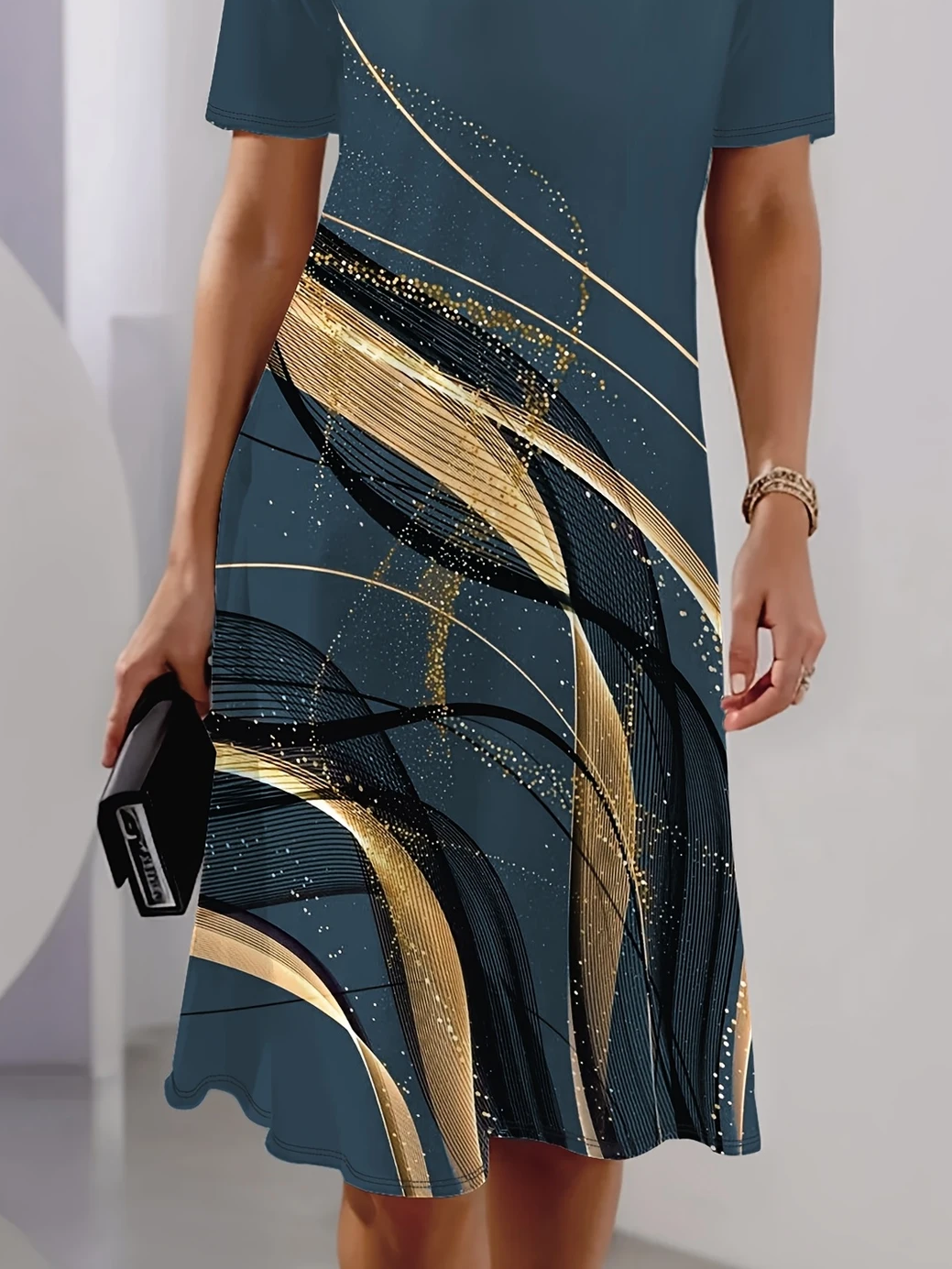 Damen Abstrakt Kurzarm Sommer Print Kleid Rundhals Täglich Retro Midi Tunika H-Linie Kleid
