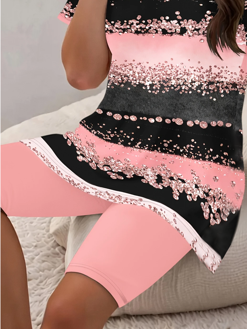 Damen Abstrakt Print Zweiteiliges Set Täglich Kurzarm Lässig Sommer Bluse mit Hose Matching Set
