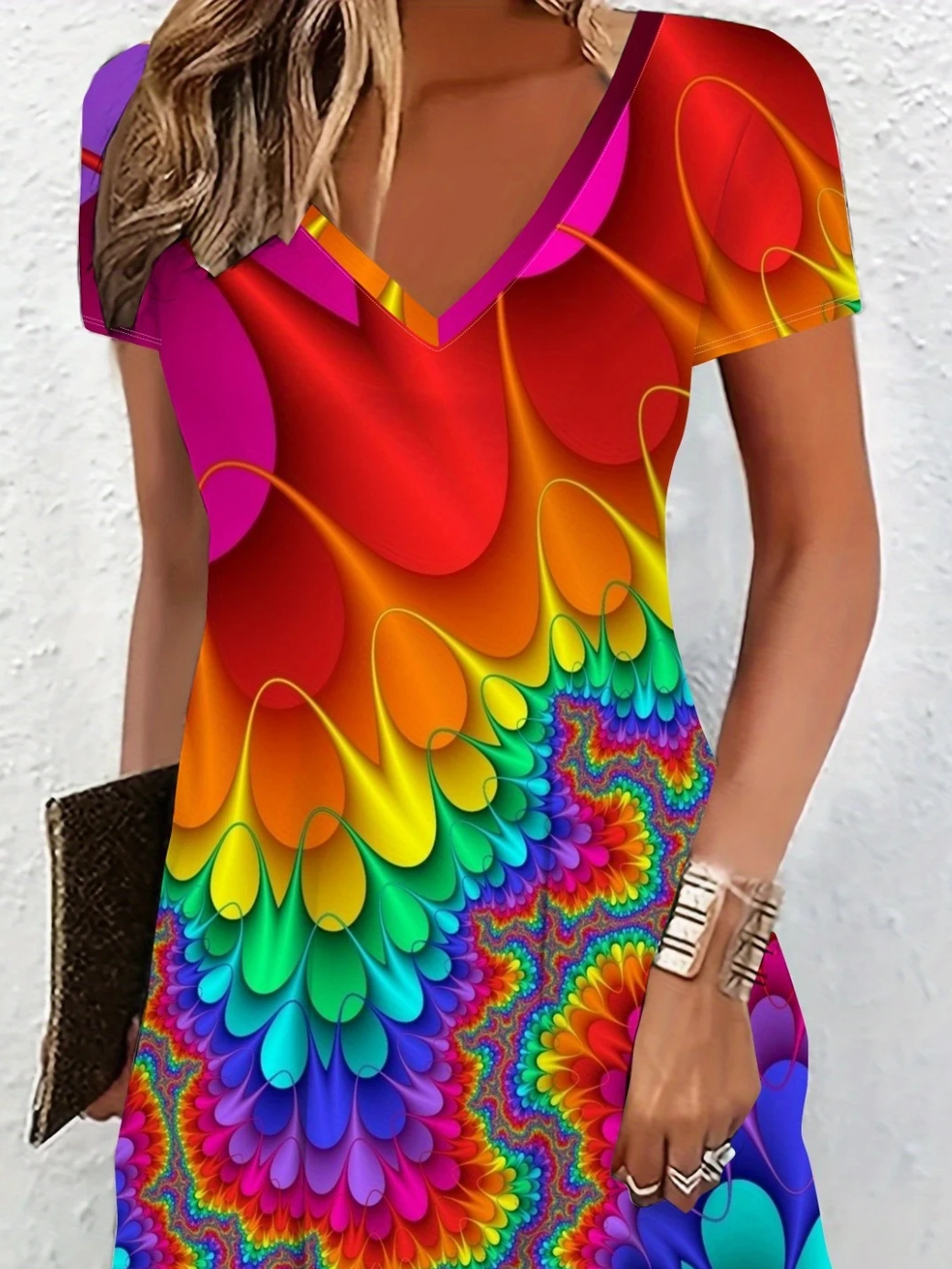 Damen Abstrakt Kurzarm Sommer Kleid V-Ausschnitt Täglich Lässig Midi Passen & Flare Kleid A-Linien-Kleid