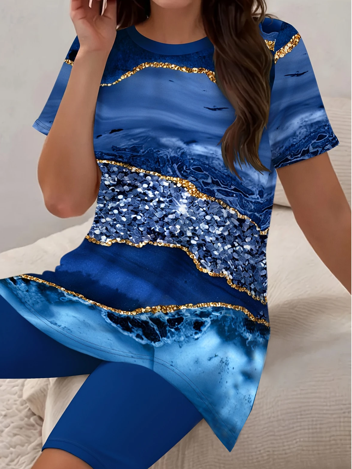 Damen Abstrakt Print Zweiteiliges Set Täglich Kurzarm Lässig Sommer Bluse mit Hose Matching Set