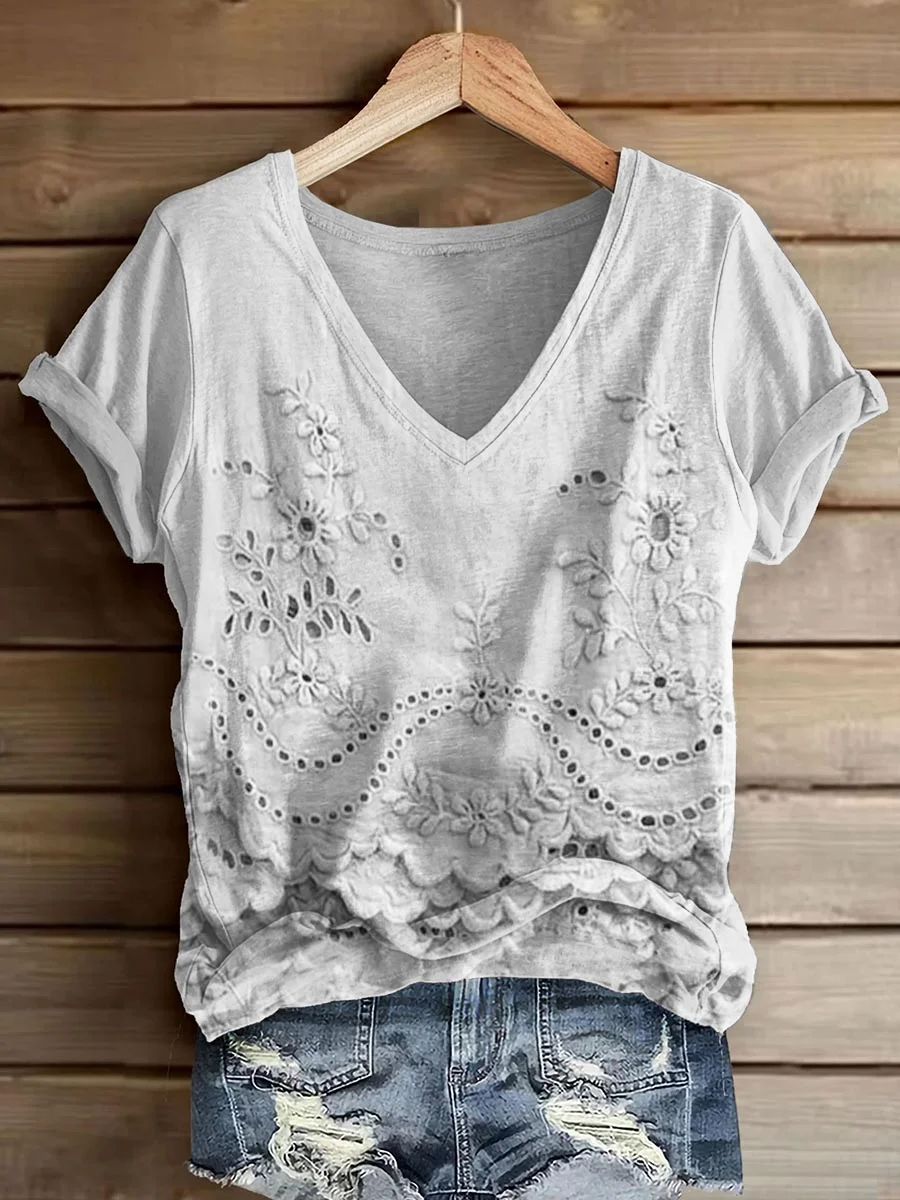 Damen Geblümt Kurzarm T-Shirts T-Shirt V-Ausschnitt Print Lässig Sommer T-Shirt mit Grafik Oberteile