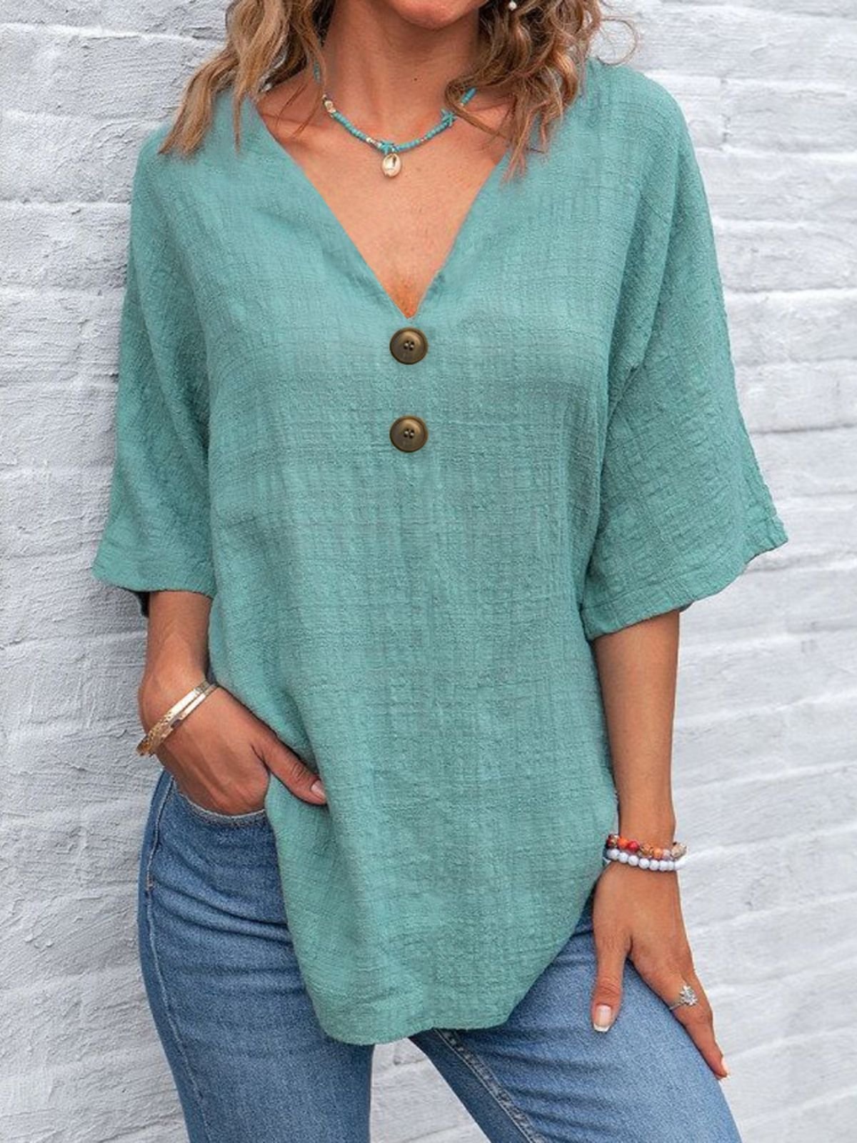 Damen Unifarben Halbarm Bluse Sommer V-Ausschnitt Täglich Retro Oberteile