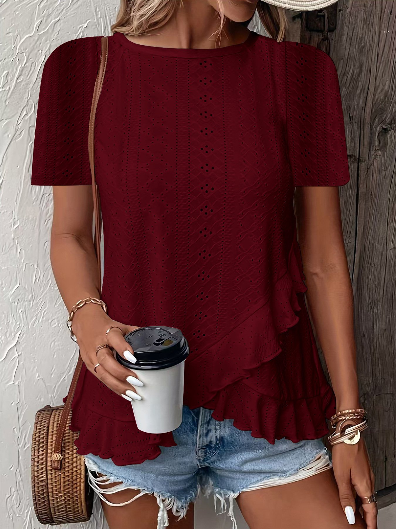 Damen Geometrisch Kurzarm T-Shirts T-Shirt Rundhals Jacquard Lässig Sommer Oberteile