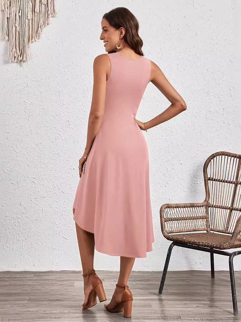 Damen Unifarben Ärmellos Sommer Nahtverarbeitung Kleid Rundhals Täglich Retro Midi Tanktop A-Linien-Kleid