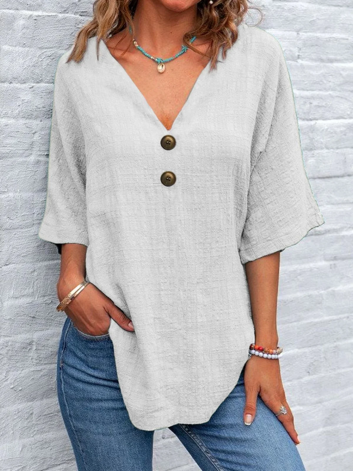 Damen Unifarben Halbarm Bluse Sommer V-Ausschnitt Täglich Retro Oberteile