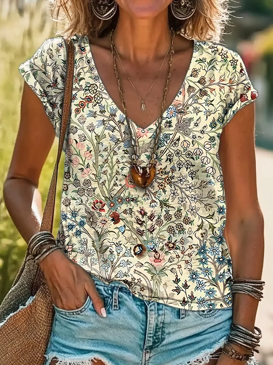 Damen Geblümt Kurzarm T-Shirts T-Shirt V-Ausschnitt Print Lässig Sommer T-Shirt mit Grafik Oberteile